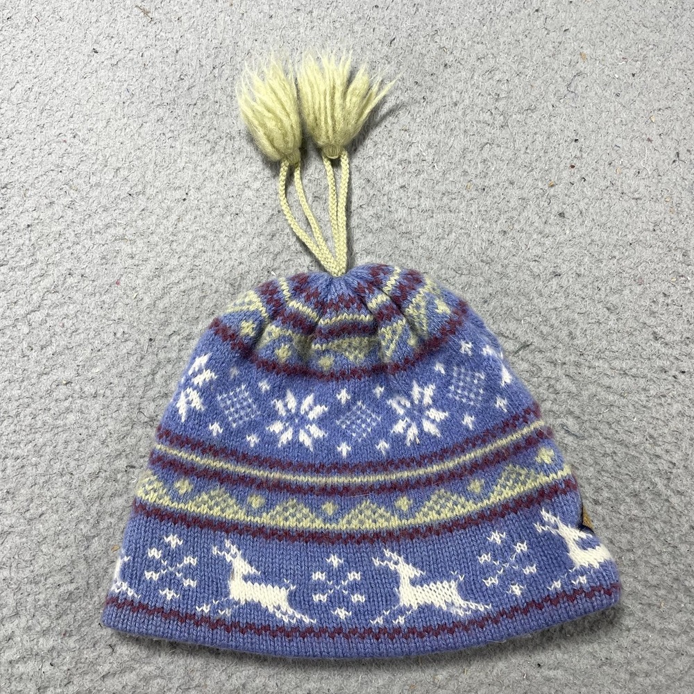 Merkley‎ Headgear Hat Beanie Womens One Size Blue Wool Deer Fair Isle Tassel